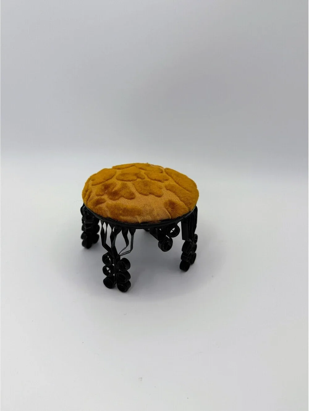 1:6 Scale Handmade Tramp Art Dollhouse Stool Gold Velvet Black Scroll Ottoman